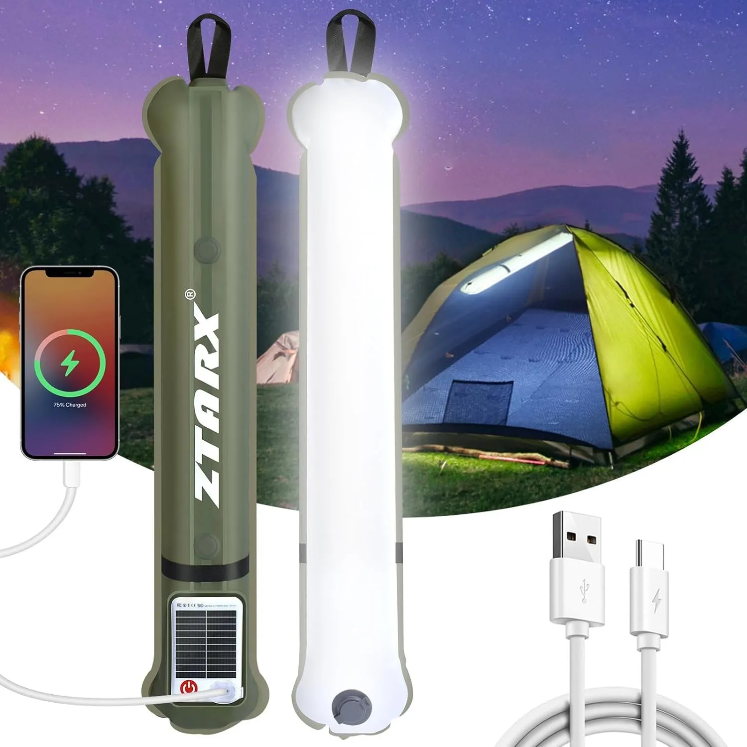 Solar/Type-C Rechargeable Camping Light Bar, IP66 Waterproof LED Tube